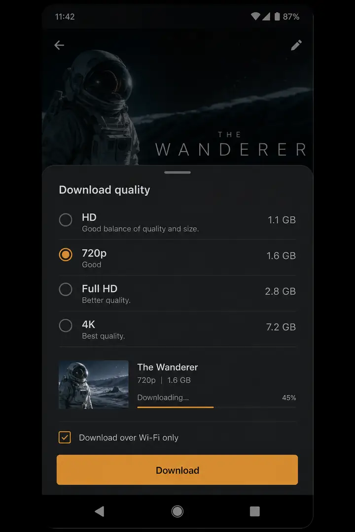 Download quality picker screen on Android