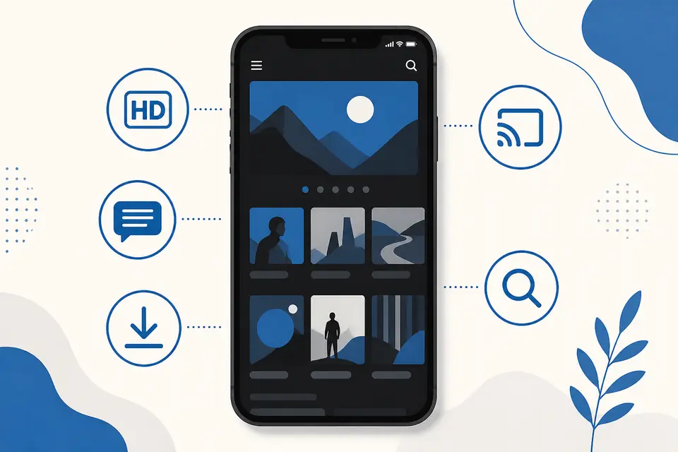 MovieBox APK key features illustrated on a smartphone with HD subtitles download and cast icons