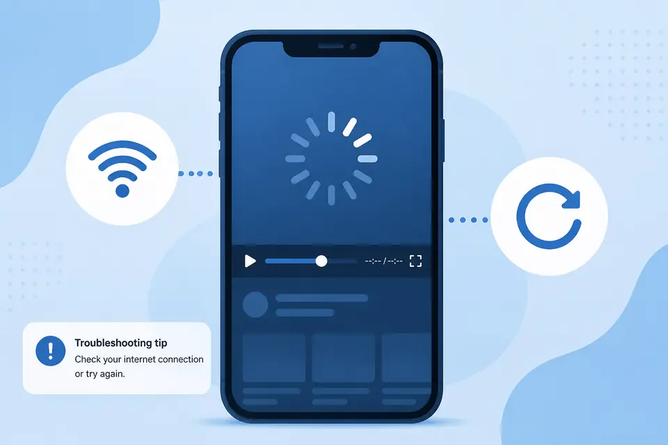 Smartphone video player showing buffering and refresh icons for troubleshooting