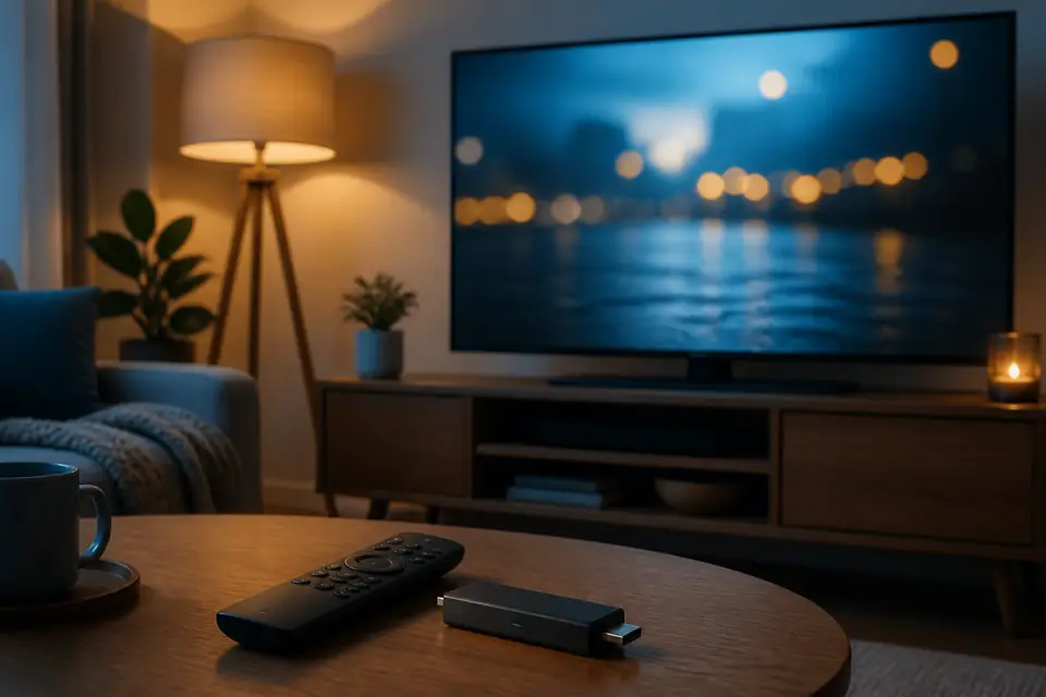 Living room television with streaming stick and remote for Firestick setup guide