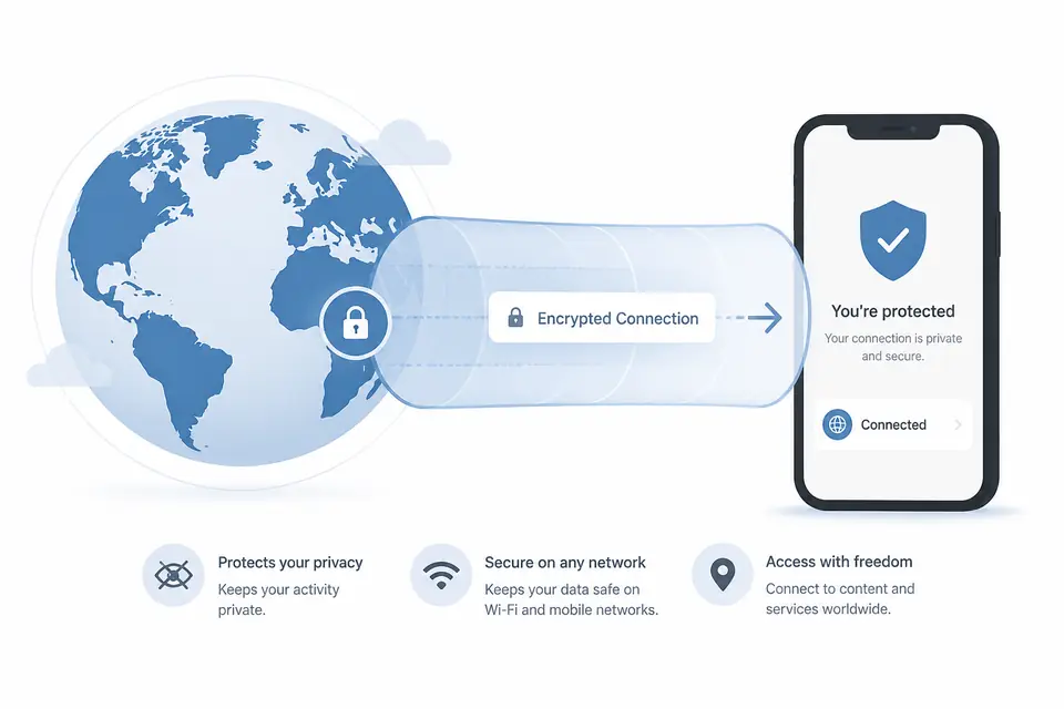 VPN privacy illustration with phone globe and secure connection path